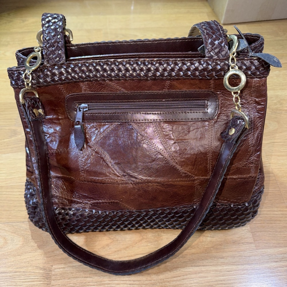 Leather Weave Patchwork Dark Brown Handbag Purse Shoulder Braid Straps